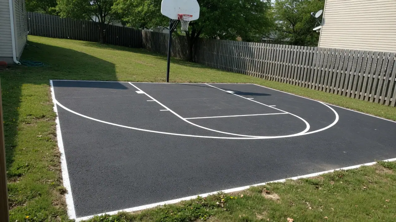 Freshly surfaced backyard basketball court with crisp white lines