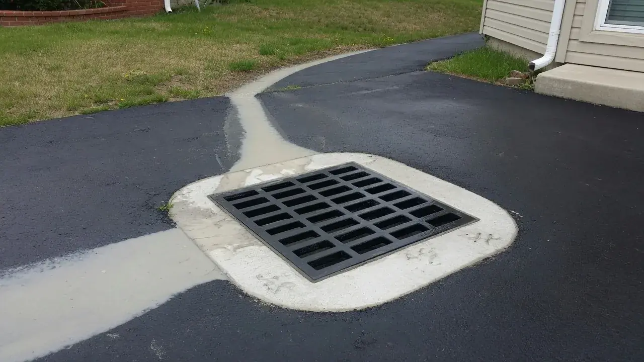 New catch basin grate set into freshly paved asphalt