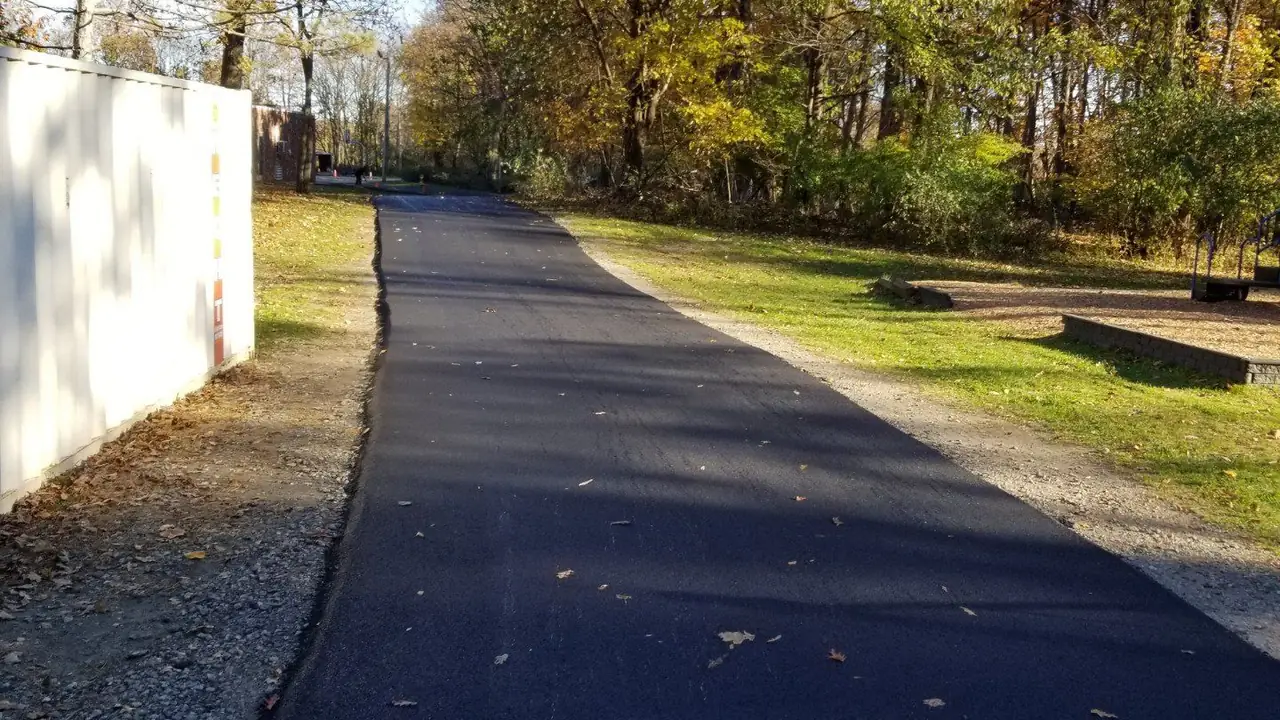 Deep black asphalt driveway running through autumn trees